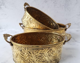 Vintage gold brass embossed oval nesting planters set of 3, boho decor, ornate hammered bowls, bohemian indoor garden containers