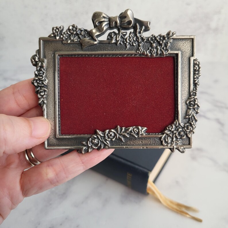 Adorable small vintage floral and bow pewter frame, charming photo holder, shabby chic home decor, unique collectible, perfect for a gift