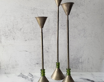 Set of 3 vintage MCM brass candlestick holders, taper pillar style, made in India, retro home decor, collectible mid-century modern accents
