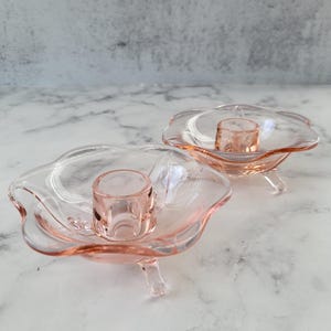 Vintage shabby chic Fostoria pink depression glass candle holders elegant glass pair romantic art deco decor collectible glass candlesticks
