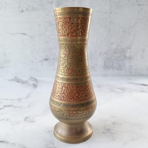 Vintage etched brass vase, boho home decor, collectible brass flower vase, unique retro accent, hand-etched floral design, timeless decor