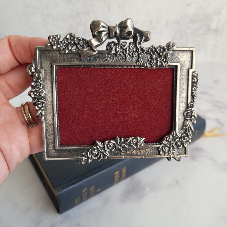 Adorable small vintage floral and bow pewter frame, charming photo holder, shabby chic home decor, unique collectible, perfect for a gift