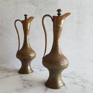 Vintage etched ethnic brass water jug, brass antique decor, handcrafted ethnic craft home decor, unique gift, collectible pitcher Set of 2