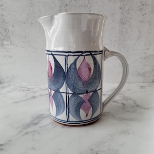 Vintage studio pottery water pitcher jug hand thrown ceramic modernist folk art unique MCM style kitchen decor collectible pottery