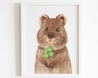 Quokka,good luck, four leaf clover, Endangered species Animal Prints,Nursery Wall Art,PRINTABLE Digital File