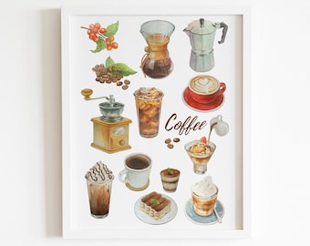 Watercolor Coffee Art Print,Kitchen Wall Art, Home Decor, Kitchen Decor,PRINTABLE Digital File