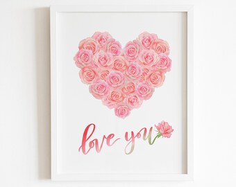 Pink roses Heart, Love you, Printable  love confession, lovely wall decoration