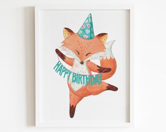 Printable Birthday Card, fox Birthday decor,Printable Greetings Card,Kids Birthday Wall Decor, fox garland