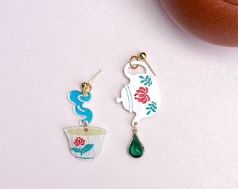 Morning Tea Mismatch Earrings//Statement Earring//Acrylic Earrings //Asian Food Earrings//Tea Pot Earrings//Gift for Foodie