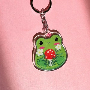 Mushroom Froggie Acrylic Keychain//Cartoon Art Style Double-Sided Epoxy Glitter Charm//Cute Frog Lover Gift//Frog Keychain