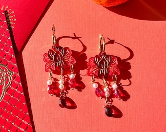 Lunar New Year Earrings: Red Acrylic Flower Statement Earrings