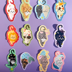 Adesivo con gatti dello zodiaco//Gatto carino//Decalcomanie per agende, computer portatili e diari//Regalo personalizzato per gli amanti dei gatti//Adesivo impermeabile