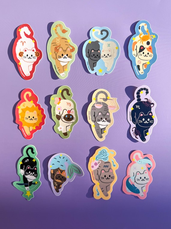 Zodiac Cats Sticker, Glossy Waterproof Decal, Planner Laptop Journal