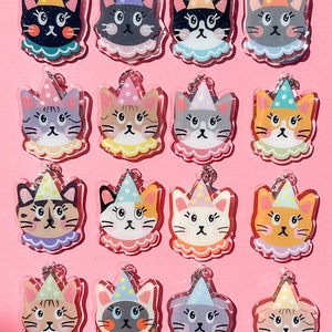 Clown Cat Acrylic Keychain//Cartoon Art Style Double-Sided Epoxy Glitter Charm//Cute Kitten Lover Gift//Cat Keychain