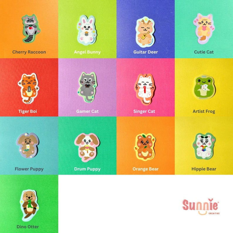 May include: A set of 12 colorful stickers featuring cute animal characters with different personalities. Each sticker has a unique design and features a different animal, such as a raccoon, bunny, deer, cat, frog, puppy, bear, and otter. The stickers are perfect for adding a touch of whimsy to your planner, laptop, water bottle, or any other surface.