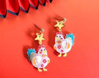 Rooster Acrylic Earrings: Lunar New Year Chinese Zodiac Jewelry
