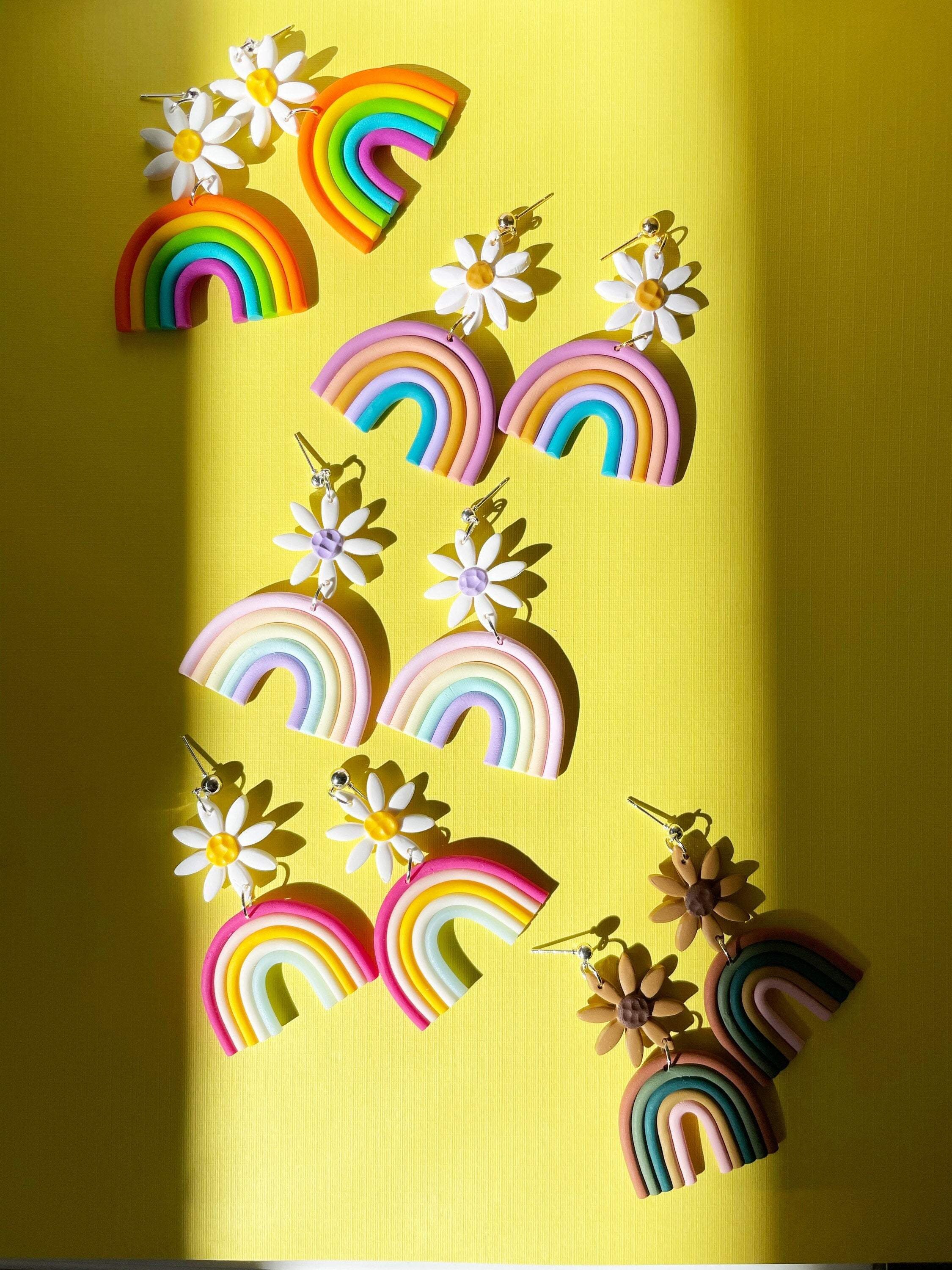 Rainbow Flower Earrings//Rainbow Polymer Clay Earrings//handmade earr…