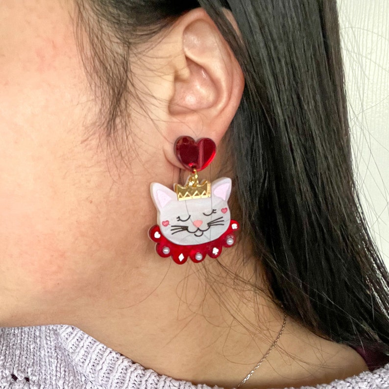 Queen Cat//Cat Earring//Teddy Bear//Statement Earring//Acrylic Earring//Animal Earrings//Cute Earrings image 3