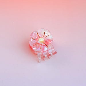 以下が含まれることがあります： ピンクと白の花の形をしたヘアクリップ。クリップは、金色のアクセントが付いた真珠光沢のある仕上がりです。ヘアクリップはプラスチック製で、髪をしっかりと固定するように設計されています。