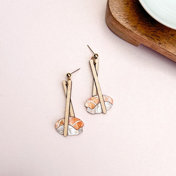 Salmon Sushi Earrings: Acrylic Asian Food Jewelry, Gift for Foodie