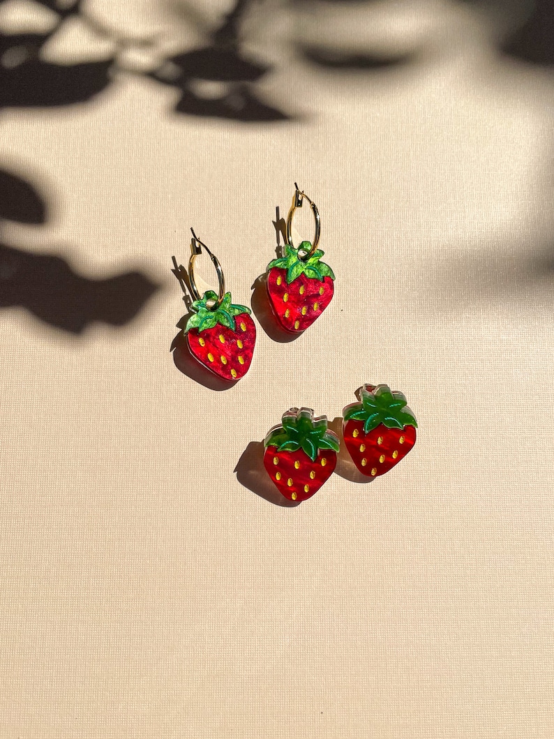 Mini Strawberry Dangle//Statement Earring//Acrylic Earring//Fruit Earrings//Small Statement Earrings image 1