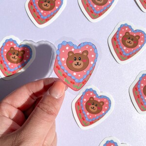 Beary Heart Cake Sticker//Digital Art//Heart Cake Stickers//Illustration//kawaii//Stationary//Waterproof Sticker image 2