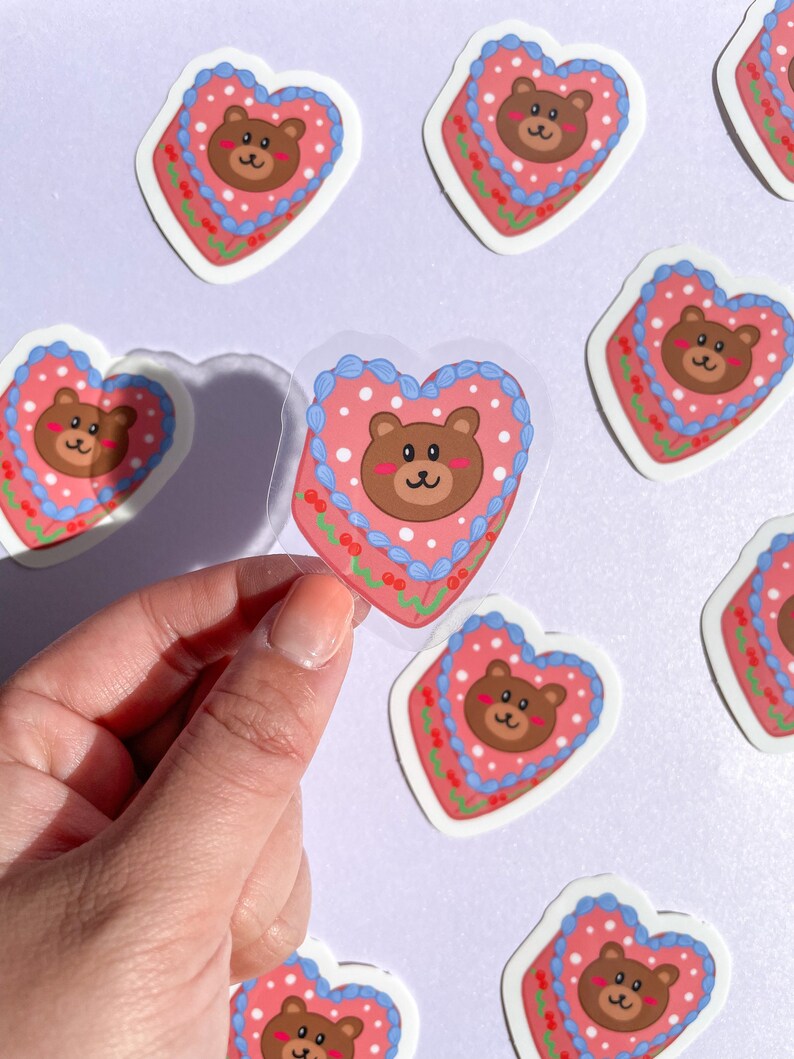 Beary Heart Cake Sticker//Digital Art//Heart Cake Stickers//Illustration//kawaii//Stationary//Waterproof Sticker image 2