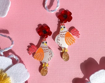 Nugget the Chicken Earrings//Spring Earring//Statement Earring//Acrylic Earring//Animal Earrings//Spring Vibes//Gift for Her//Farm Chicken