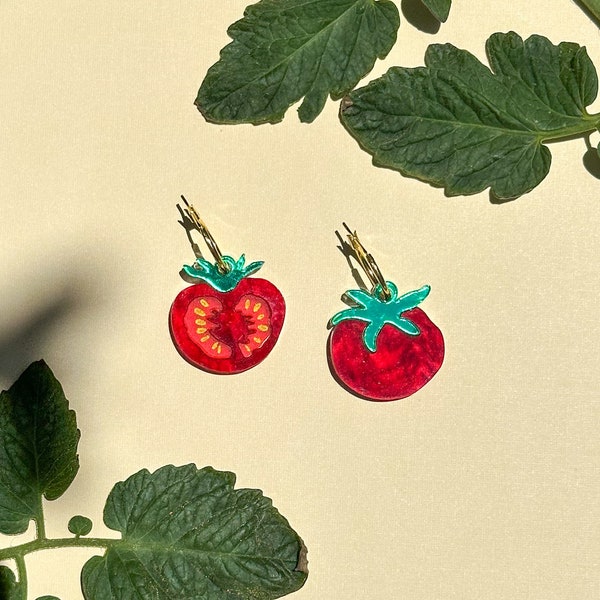 Mismatch Tomato Dangle Earrings: Acrylic Vegetable Statement Jewelry