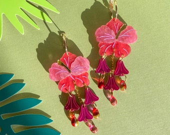 Pendentif Hibiscus//Boucles d'oreilles décoratives//Boucles d'oreilles en acrylique//Boucles d'oreilles fleurs//Boucles d'oreilles tropicales