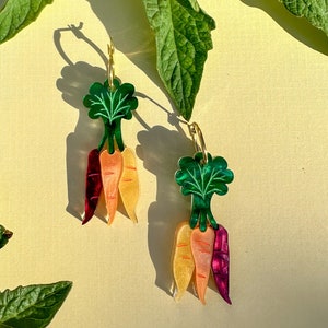 Rainbow Carrot Dangle Earrings: Acrylic Vegetable Statement Jewelry