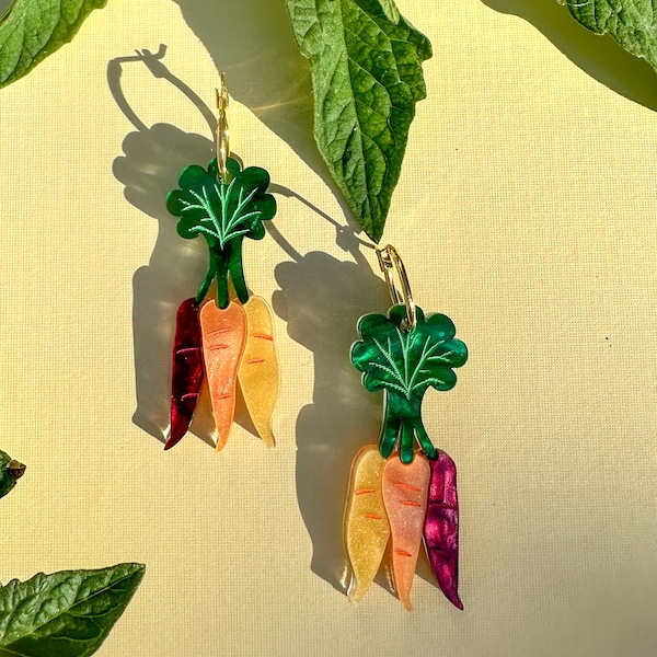 Pendientes colgantes de zanahoria arcoíris: joyas de acrílico con un toque vegetal