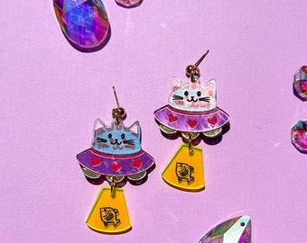 Cat UFO//Statement Earring//Acrylic Earring//Galaxy Earrings//Planet Earrings//Cosmo Theme//Cat Earrings