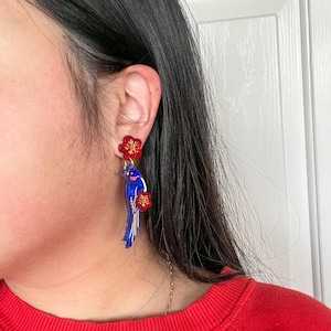 Blue Magpie Earrings//Statement Earring//Acrylic Earring//Lunar New Year Earrings//Chinese New Year Earrings image 3