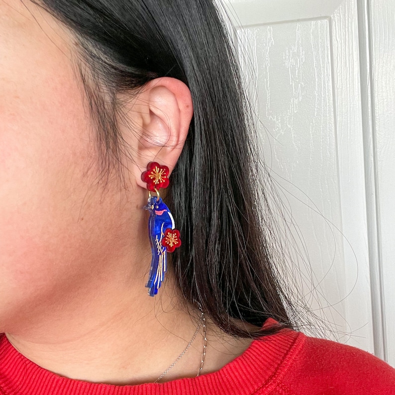 Blue Magpie Earrings//Statement Earring//Acrylic Earring//Lunar New Year Earrings//Chinese New Year Earrings image 3