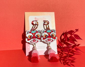 Lion Dance Acrylic Earrings: Lunar New Year Statement Jewelry