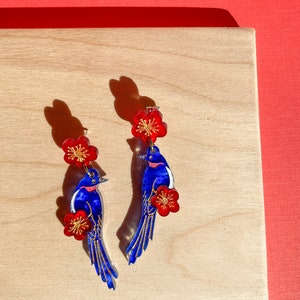 Blue Magpie Earrings//Statement Earring//Acrylic Earring//Lunar New Year Earrings//Chinese New Year Earrings image 2