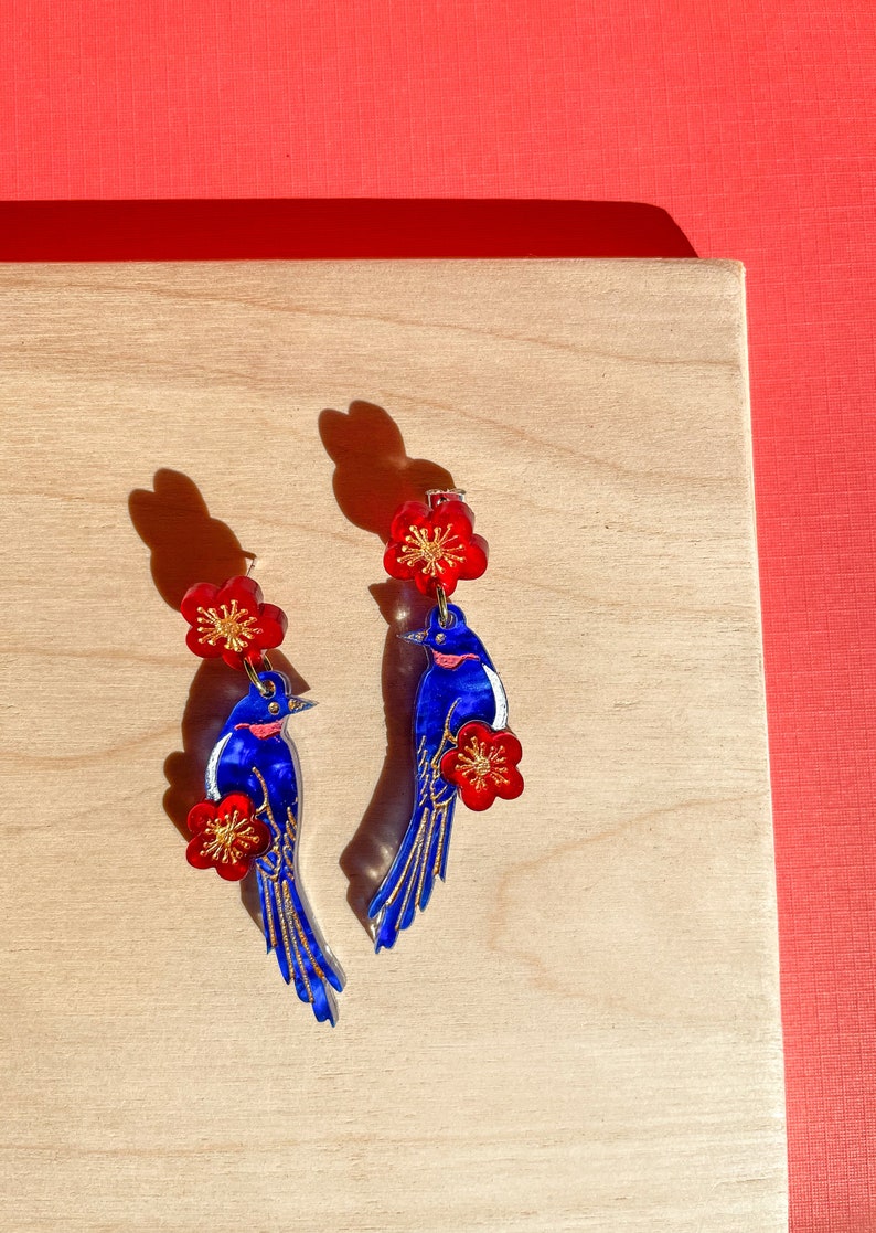 Blue Magpie Earrings//Statement Earring//Acrylic Earring//Lunar New Year Earrings//Chinese New Year Earrings image 2