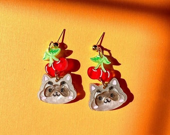 Cherry Raccoon Earrings//Cute Animal earrings//raccoon jewelry//Seventeen-Inspired Kawaii Animal Earrings//K-Pop animal style jewelry