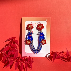 Blue Magpie Earrings//Statement Earring//Acrylic Earring//Lunar New Year Earrings//Chinese New Year Earrings image 1