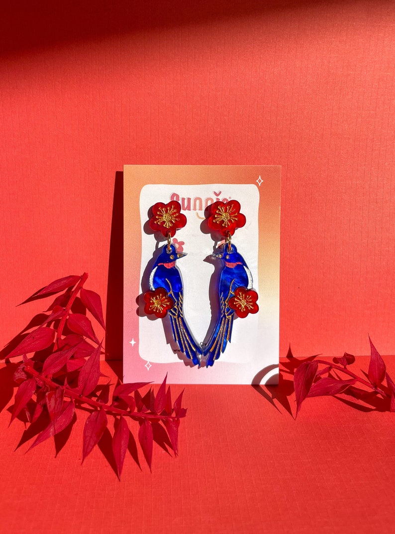 Blue Magpie Earrings//Statement Earring//Acrylic Earring//Lunar New Year Earrings//Chinese New Year Earrings image 1