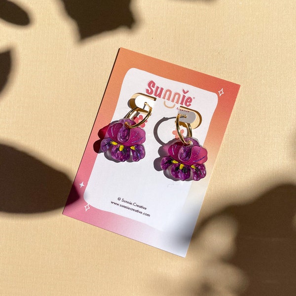 Pendientes de iris morado oscuro: pendientes colgantes florales de acrílico