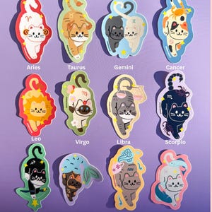 May include: A collection of twelve cat-themed zodiac stickers. Each sticker features a unique cat illustration representing a zodiac sign, with the sign's name printed below. The stickers have a colorful, cartoonish design.