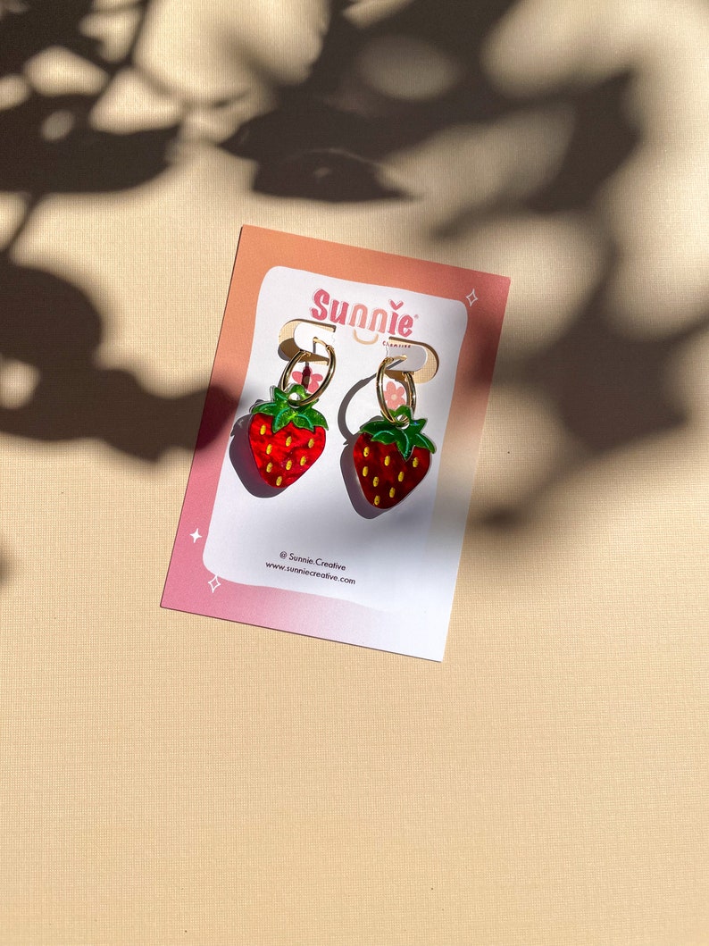 Mini Strawberry Dangle//Statement Earring//Acrylic Earring//Fruit Earrings//Small Statement Earrings Charms w/ Gold Hoops