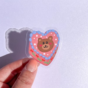 Beary Heart Cake Sticker//Digital Art//Heart Cake Stickers//Illustration//kawaii//Stationary//Waterproof Sticker image 1