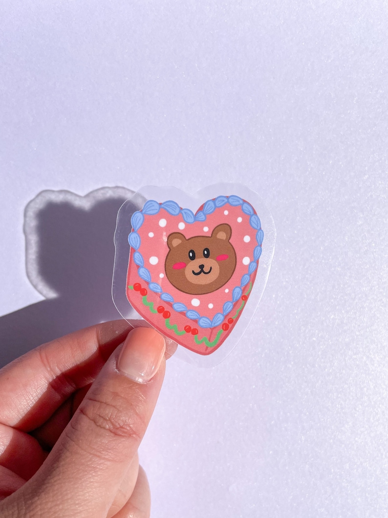 Beary Heart Cake Sticker//Digital Art//Heart Cake Stickers//Illustration//kawaii//Stationary//Waterproof Sticker image 1