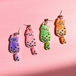 Boba Cat Dangles//Boba cat earrings//cat jewelry//boba drink accessories//cute animal earrings//fun jewelry//Cute gift for cat lovers
