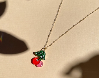 Mini Acrylic Cherry Necklace: Gold Plated Chain, Fruit Jewelry