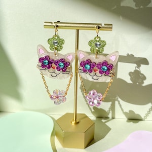 Groovy Cat Earrings: Acrylic Statement Earrings with Flower Charm