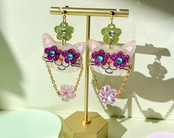 Chat cool//Boucles d'oreilles chat//Boucles d'oreilles décoratives//Boucles d'oreilles en acrylique//Boucles d'oreilles chat mignon//Animal//Animal de compagnie//Boucles d'oreilles mignonnes